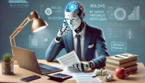 Estudante pesquisando oportunidades de bolsas de estudo e financiamento para cursos de Inteligência Artificial, com documentos, laptop e materiais informativos.