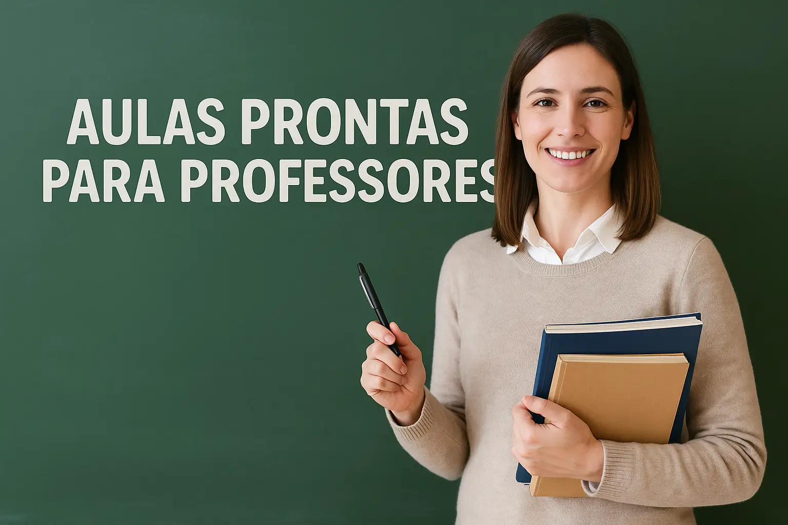 Professora sorridente em pé diante de um quadro verde com a frase “AULAS PRONTAS PARA PROFESSORES” escrita em letras brancas. Ela segura livros e uma caneta, vestindo suéter bege e camisa branca.